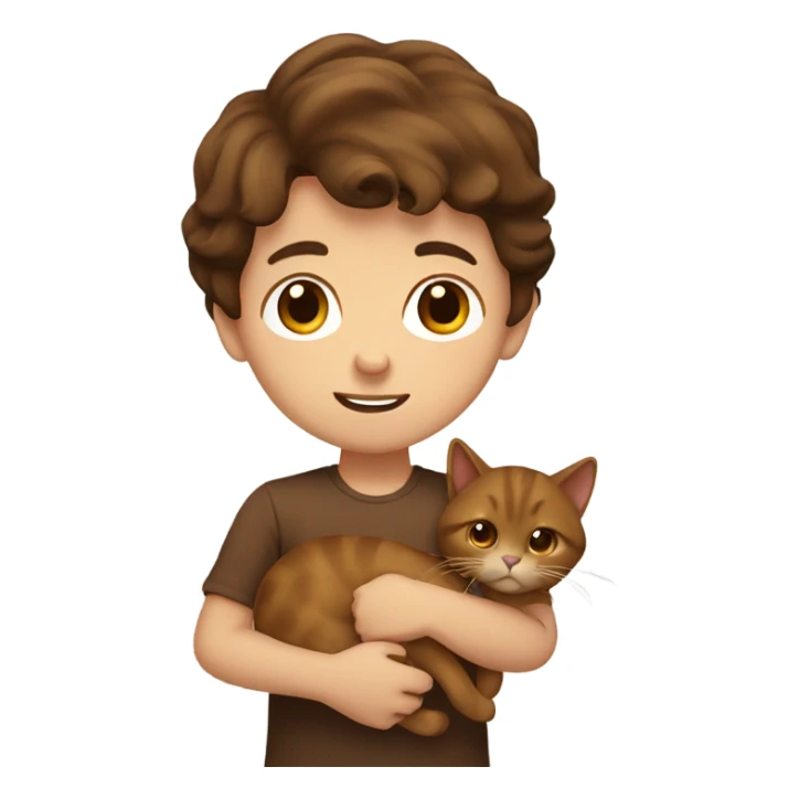 a boy with brown hair and brown eyes holding a brown cat sticker