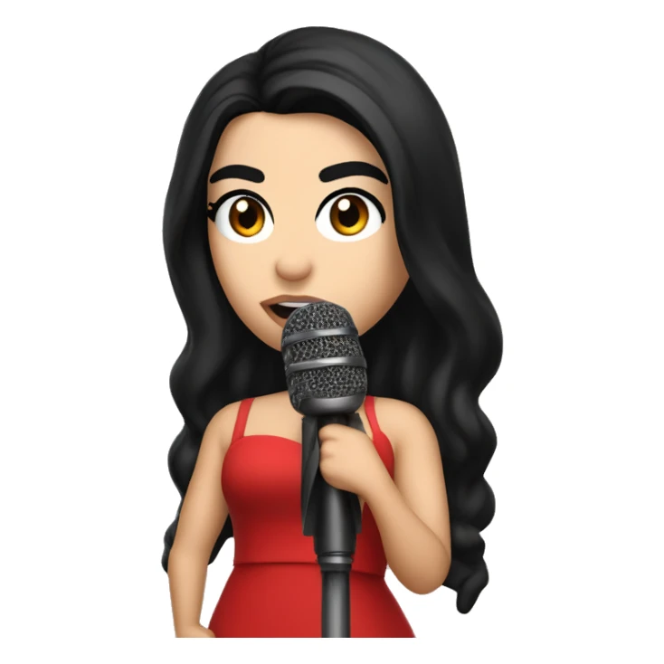 Dua Lipa, with long black hair, wearing a red dress, singing with a microphone in her hand sticker