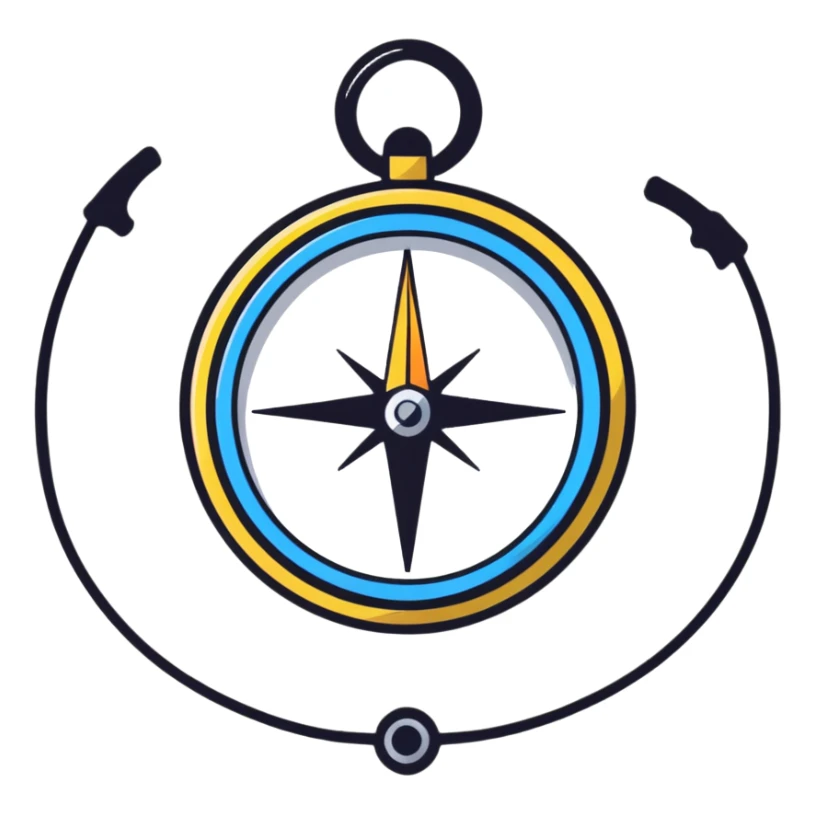 The standard iOS compass emoji 🧭 with a thin white ribbon threaded through the small metal loop at the top sticker