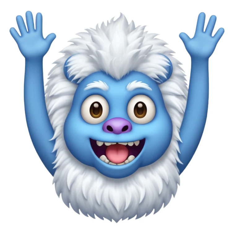Mammott from My Singing Monsters as a cheerful emoji, waving, fluffy white fur, blue lips, playful look sticker