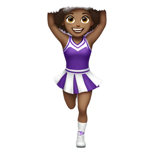 Caucasian cheerleader with dark brown curly hair, jumping and holding up two purple Pom poms, small full body emoji sticker