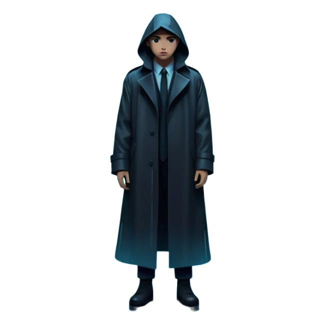 Movie Poster: A tense, gripping design with dramatic lighting. Include a mysterious figure in a dark coat standing in a rain-soaked alley, with glowing neon signs in the background. Shadows loom, and ominous shapes emerge from the mist. Suspenseful and cinematic atmosphere. Transparent background. sticker