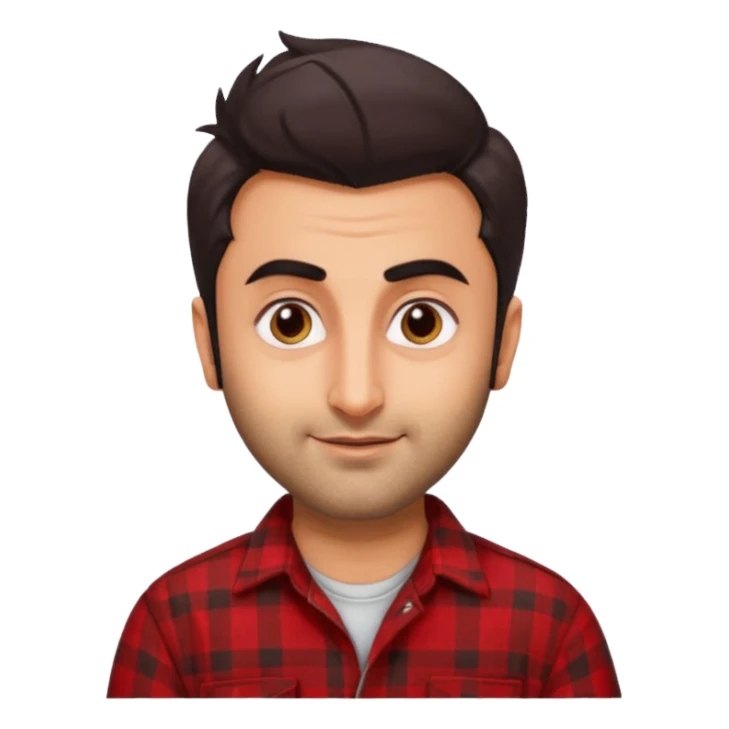 generate a pretty bratz emoji 
Make her look like Ranbir kapoor wearing a red flannel shirt, smirking

She should look exactly  like ranbir kapoor!  sticker