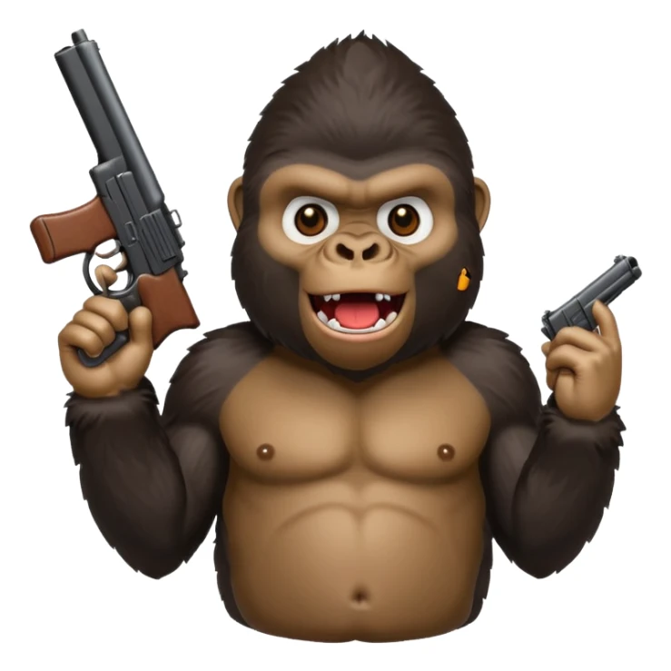 A gorilla holding a gun in the air making a silly face sticker
