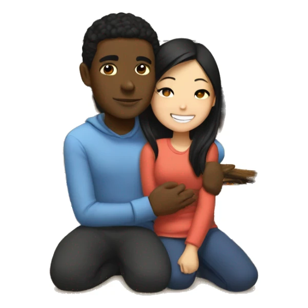Black guy and Asian girl cuddle near by fireplace  sticker