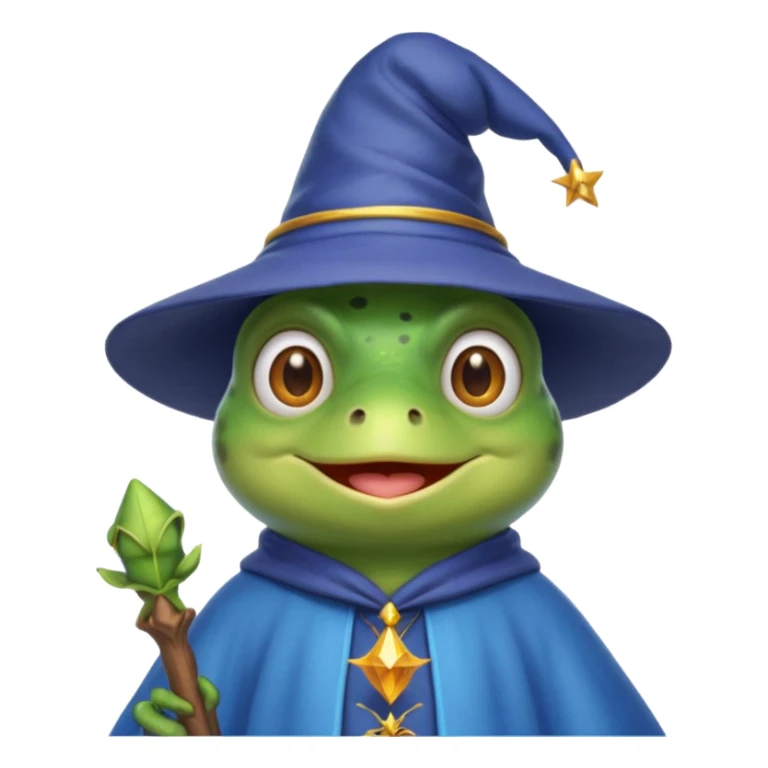 create a peepo the frog emoji that is a wizard like this one called zabuzard but kabukard instead give it a wizard hat and a blue shirt like always give it a good smile sticker
