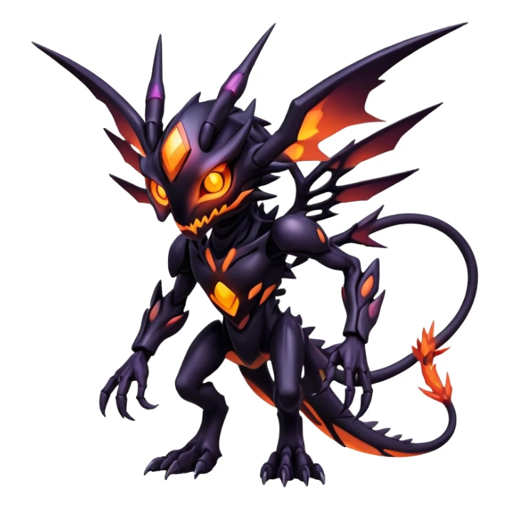 futuristic dark shadowy evil neon-glowing warm-colored Fakémon-Digimon-hybrid-creature (full body) sticker