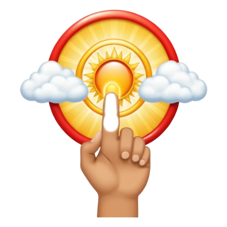 "Create an emoji representation of a hand holding other. One hand with index finger pointing up, surrounded by clouds and sun rays, with a red ring on the ring finger." sticker