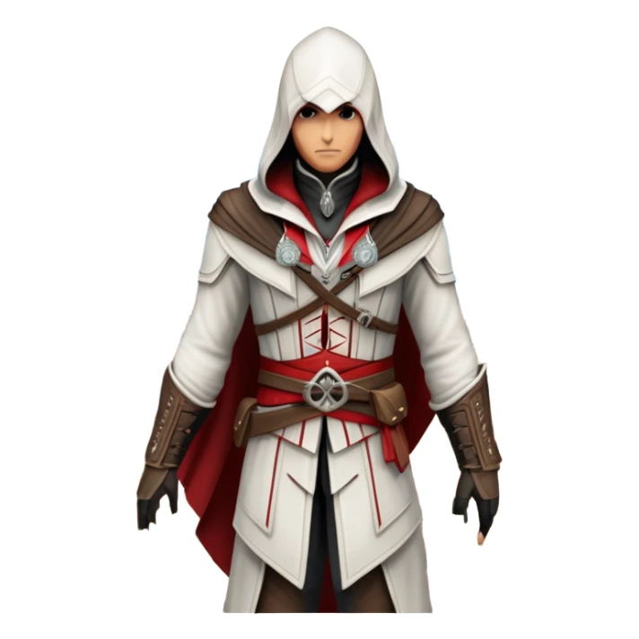 icon featuring Assasin's Creed in an iconic assassin's hood, standing tall against the backdrop of Florence. The design captures the essence of adventure, with intricate details of historical architecture and a sense of mystery. The character is poised, ready for action. transparent background. sticker