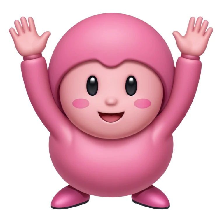 Kirby doing a happy dance, simple round pink character, cheerful expression, arms up sticker