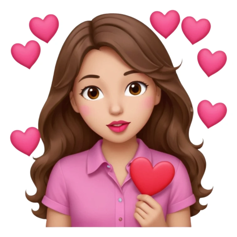 girl with long wavy brown hair, brown eyes, light to medium complexion, in a pink shirt, pink lips, long lashes, puckering up for a kiss, many  hearts in hand sticker