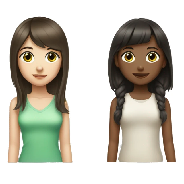 two girls with dark brown hair one with bangs green eyes sticker