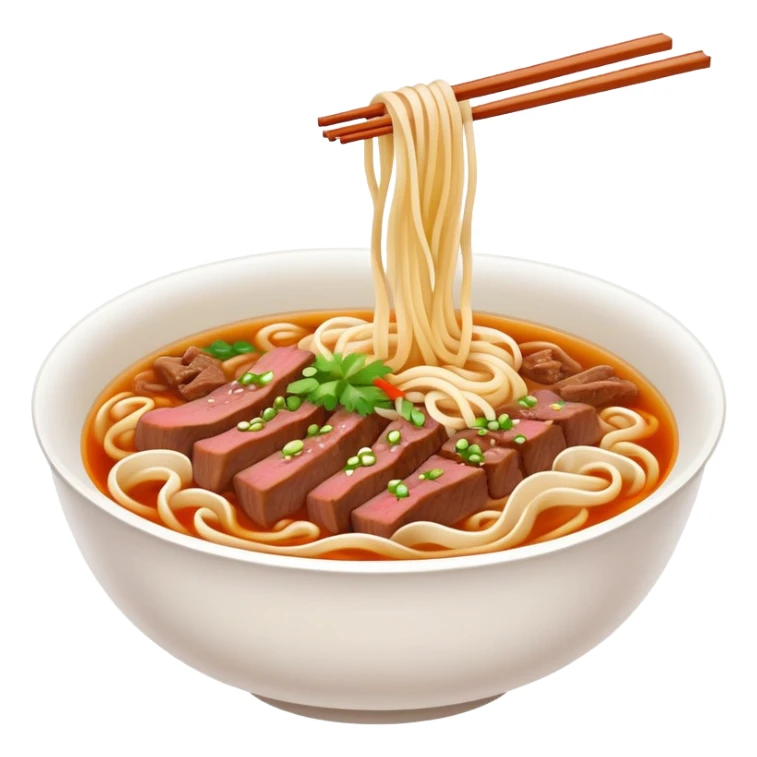 Lanzhou hand-pulled noodles with beef and broth, simplified emoji style with bold outlines and bright colors, cartoon style lamian in bowl sticker