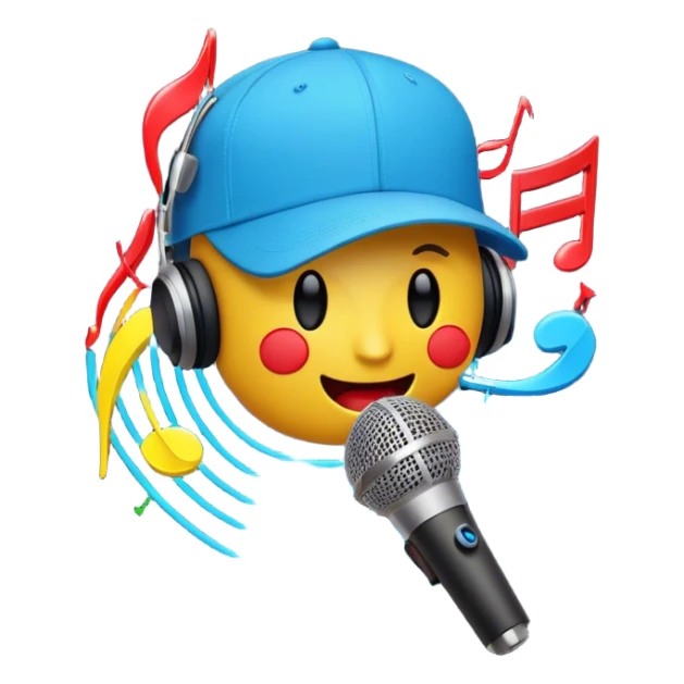 Create a dynamic and energetic emoji that represents beatboxing. The design should feature a microphone with a singing mouth and soundwaves or rhythmic beats emanating from it, symbolizing the vocal percussion and rhythm of beatboxing. Add a cap placed on top of the microphone to reflect street culture and the individuality of the performer. Include musical notes floating around to emphasize the musicality. Use bold, vibrant colors like neon blue, red, and yellow to convey energy and excitement. The background should be transparent sticker