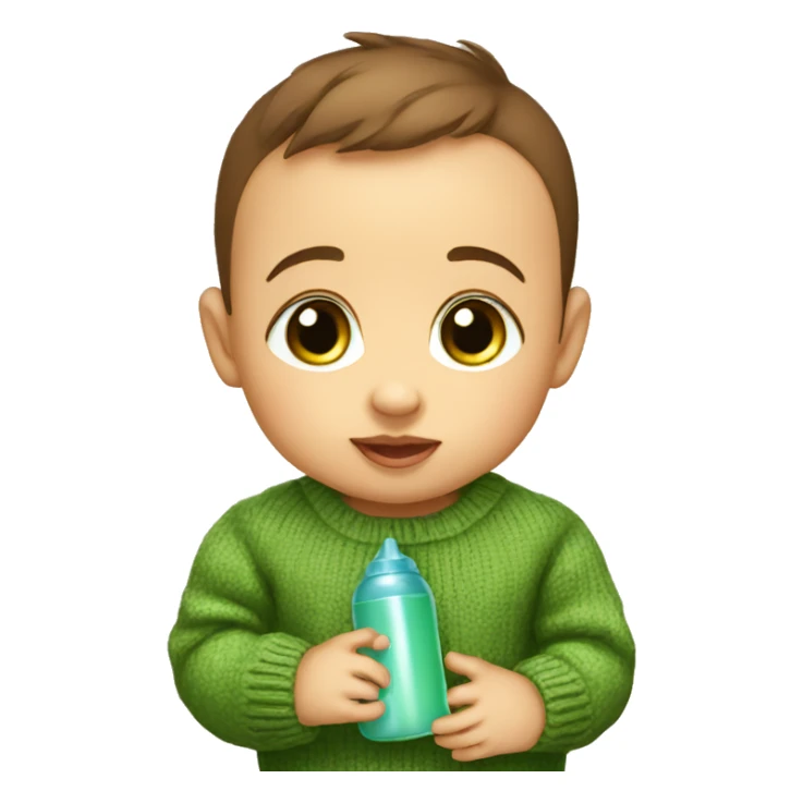 a 2 month old baby with a green sweater and brown eyes drinks his bottle sticker