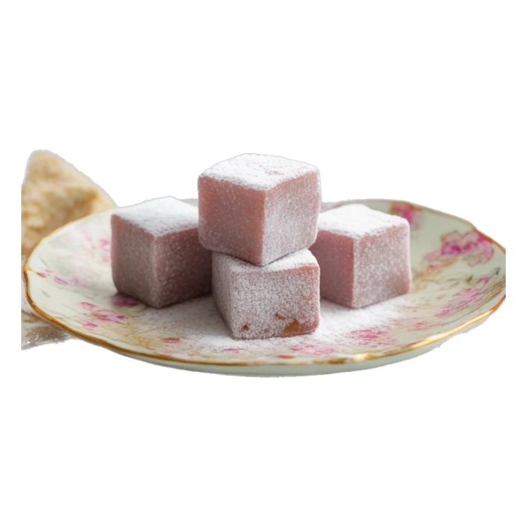 Turkish delight stacked cubes with chopped walnuts and covered with powdered sugar, on a floral porcelain plate sticker