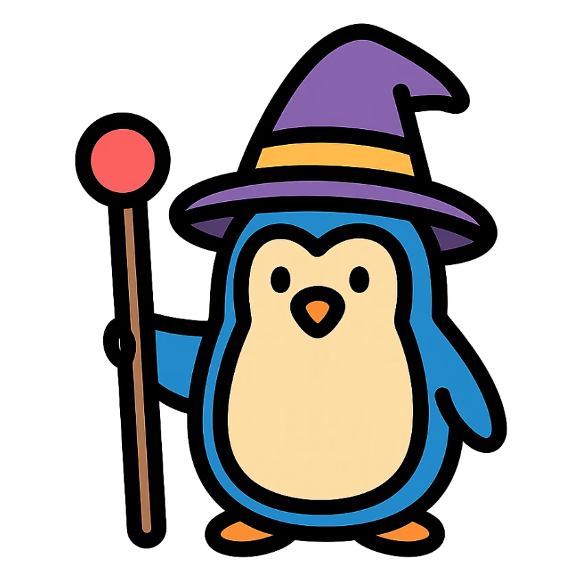penguin wizard holding a staff, wearing a wizard hat, colored icon with black outlines sticker