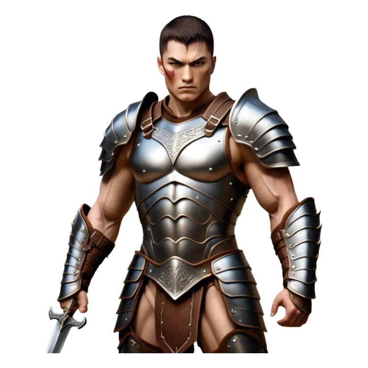Cinematic Realistic WoW Human Warrior Portrait, captured in a dynamic, battle-ready stance, muscles defined beneath intricately detailed steel armor accented with rich leather. His chiseled visage and determined gaze are rendered with lifelike texture and dynamic natural lighting, high shine, evoking the fierce, relentless spirit of a human warrior in the midst of combat. sticker