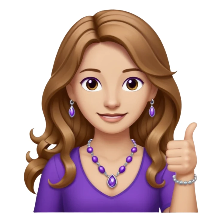 lady with long wavy русые hair, purple top, карие eyes, thumbs up, с бусами белые и серебром на шее sticker