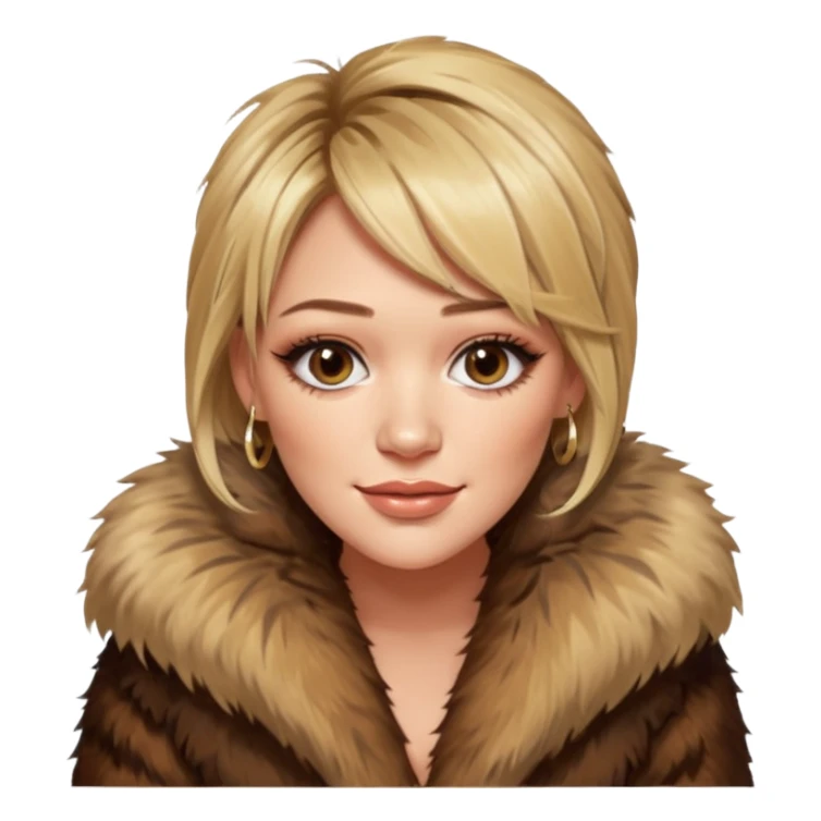 cinematic realistic ultra HD glamorous extremely made up Hilary Duff extremely skinny in a shaggy fur coat with bronze glow sticker