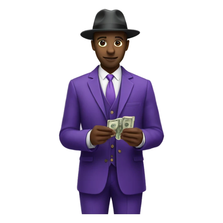 Black man In purple suit and hat counting money sticker