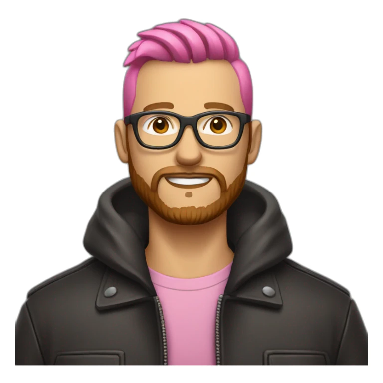 white man with brown beard and pink mohawk haircut and thick glasses wearing a leather coat sticker
