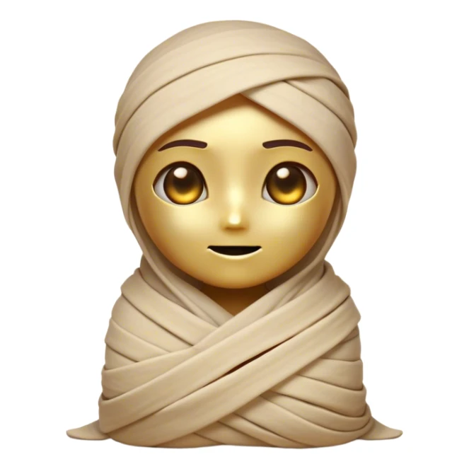 Cinematic Cute Mummy Portrait Emoji, with a delightfully charming, slightly clumsy bandaged form in warm faded tones and subtle hints of gold, featuring wide, curious eyes peeking from the wrappings and a sweet, innocent smile, simplified yet adorably detailed, glowing with a soft, ancient warmth and a gentle outline that captures the playful spirit of an ancient mummy! sticker