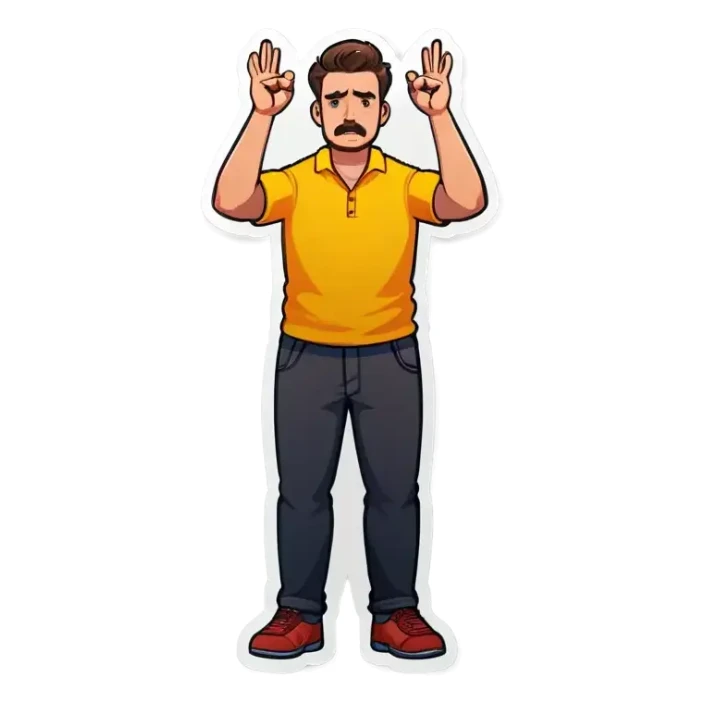 Man holding both arms in the air and holding an electrical cable der Man looks sad sticker