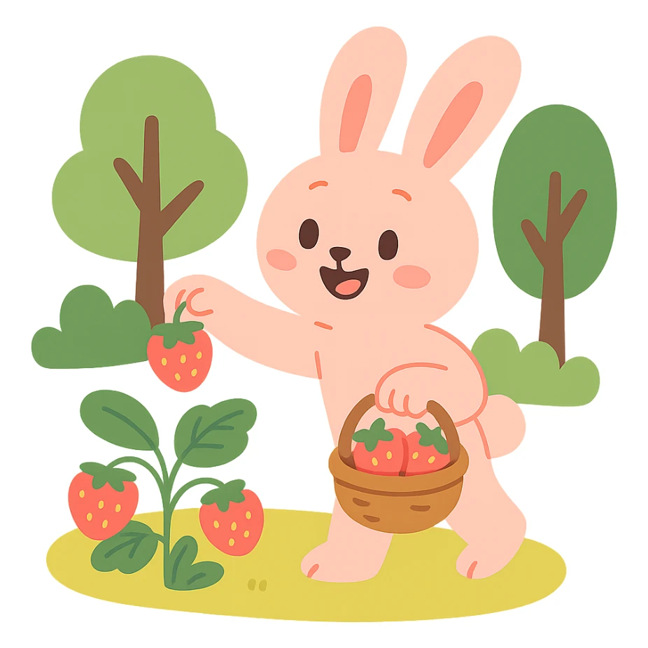 A sweet pastel red soft pastel style illustration of a bunny picking strawberries in the woods, gentle and cute, transparent background sticker