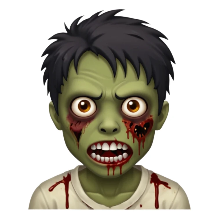 Brown-skinned zombie with messy black hair, wide centered brown eyes, dark bloody marks under the eyes, and a slightly open mouth showing crooked teeth grillz, giving a distressed, undead look. sticker