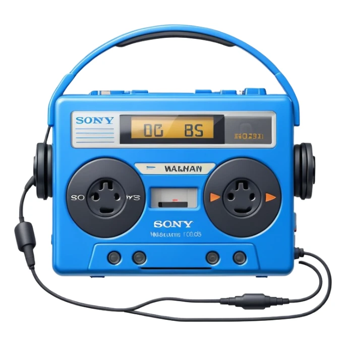 Blue Sony Walkman portable cassette player from the 1980s with headphones sticker