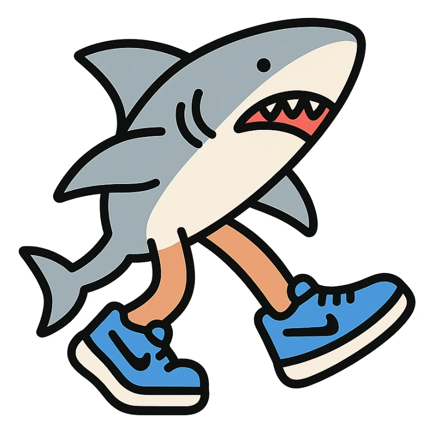 Tralalero Tralala, an Italian Brainrot character: a great white shark with three legs, wearing blue Nike shoes, color outline icon style sticker