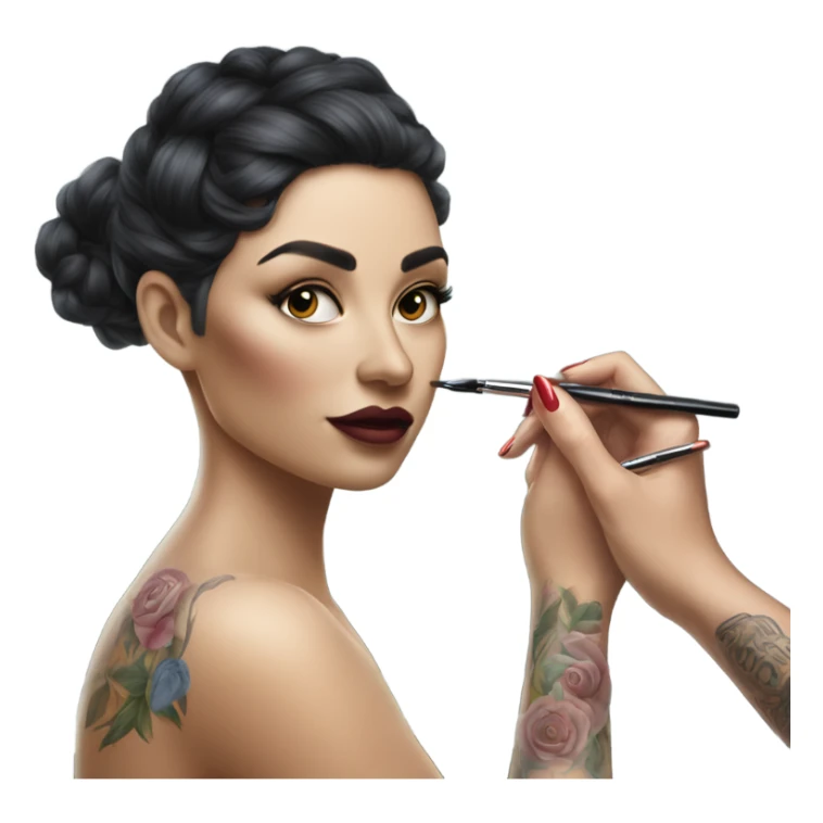 Hyper Realistic Beautiful lightly tattooed woman applying make-up in a mirror  sticker