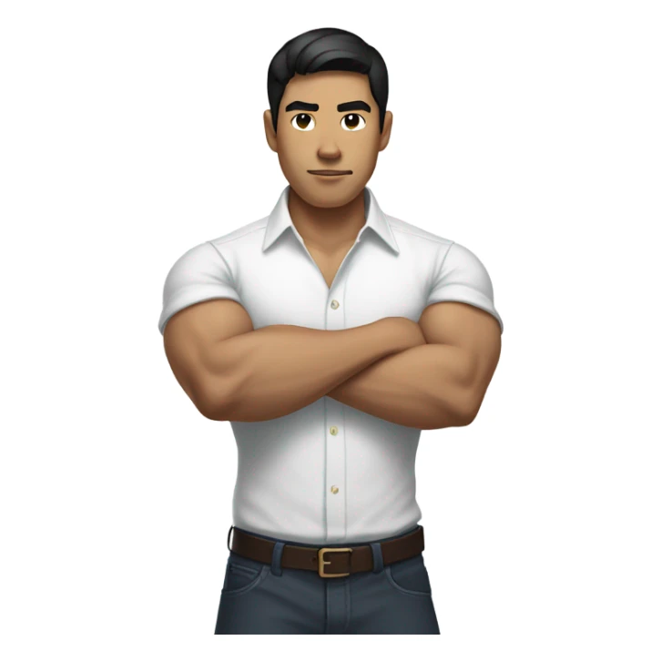 black-haired Asian man wearing a white formal shirt with folded sleeves while having a big biceps sticker