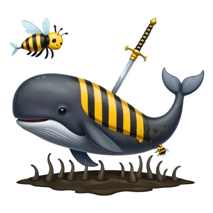 A whale cover with mud and a two bees use sword fighting sticker