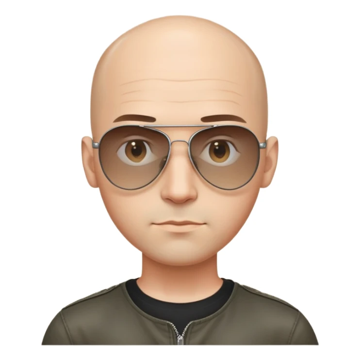 Oval-faced man with large forehead, aviator sunglasses with metal frame, extremely short dark hair with completely bald sides (skin fade), light tan skin, friendly neutral expression, black shirt sticker