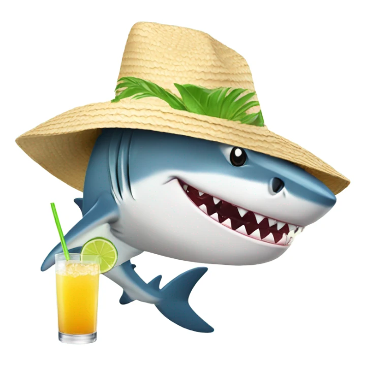 A shark wearing a sun hat, sipping a margarita sticker