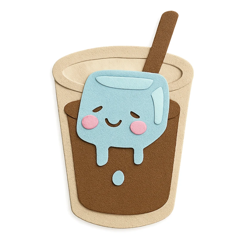 melting ice cube character in coffee drink, blushing cheeks, kawaii pastel hand-drawn style sticker