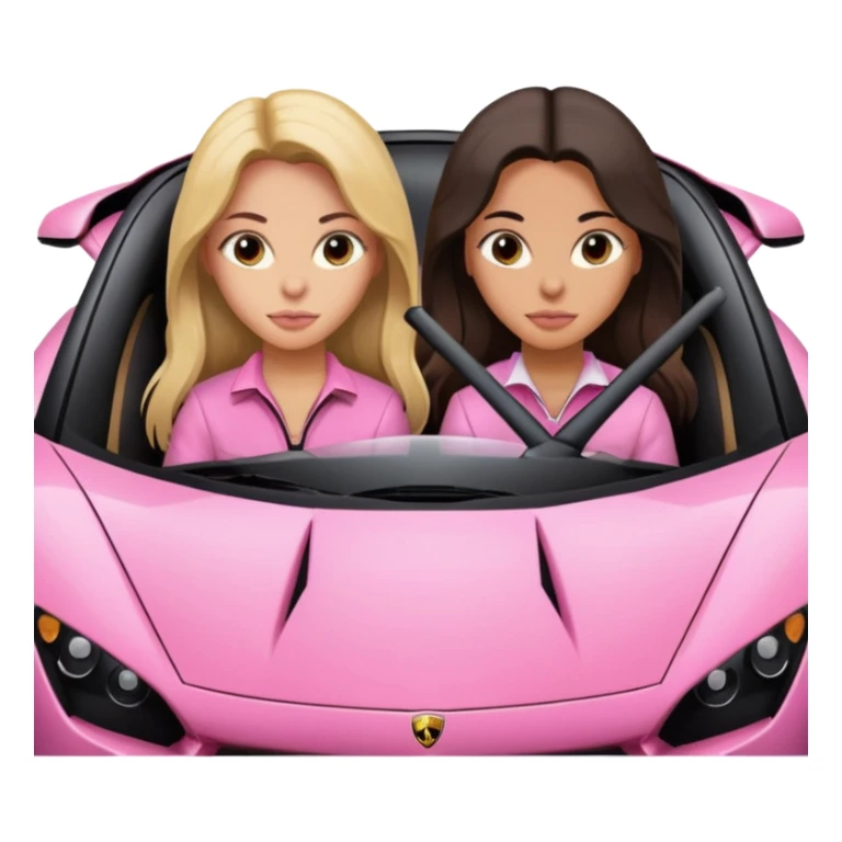 Make car far away so I can see full car Car facing forward in sports car. Make hair long  two girls in car far away Front of car sitting in the seats. Make it a pink sports car. They are two baddies make it a Lamborghini pink car  sticker
