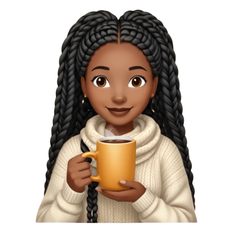 A dark-skinned Black woman with long black box braids, holding a steaming coffee cup with both hands, wearing a cozy sweater, smiling. sticker