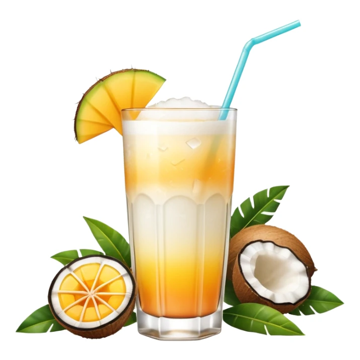 A beautiful cocktail with a creamy white to orange gradient, containing coconut juice and mango, reminiscent of summer. Above, there are tropical flowers, lemon slices, and a straws. sticker