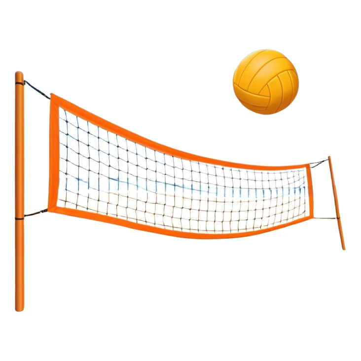 A beach volleyball net set up on the sand, with a volleyball hovering above it. The scene captures the action of a game in progress, with the sun shining brightly, beach sand stretching out, and the ocean visible in the background. sticker