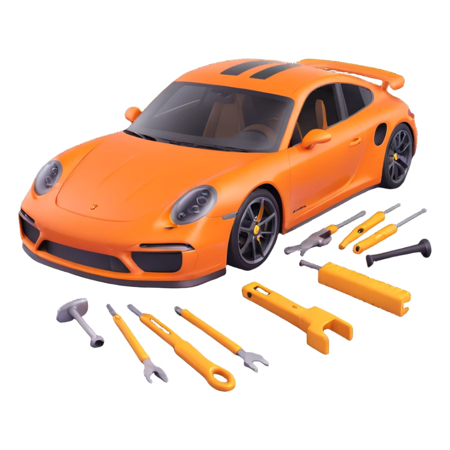 luxury Porsche car with a clearly visible dent on the bodywork, specific paintless dent repair tools such as rods, levers, and small hammers positioned to show active repair, elegant and modern sticker