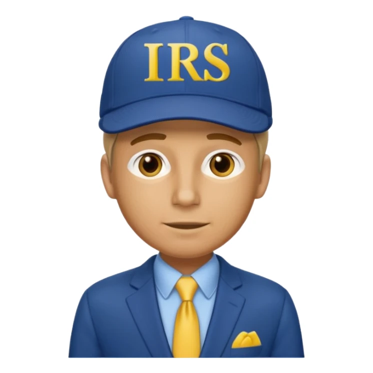 a man dressed in a blue suit with a cap on that says IRS in yellow letters sticker