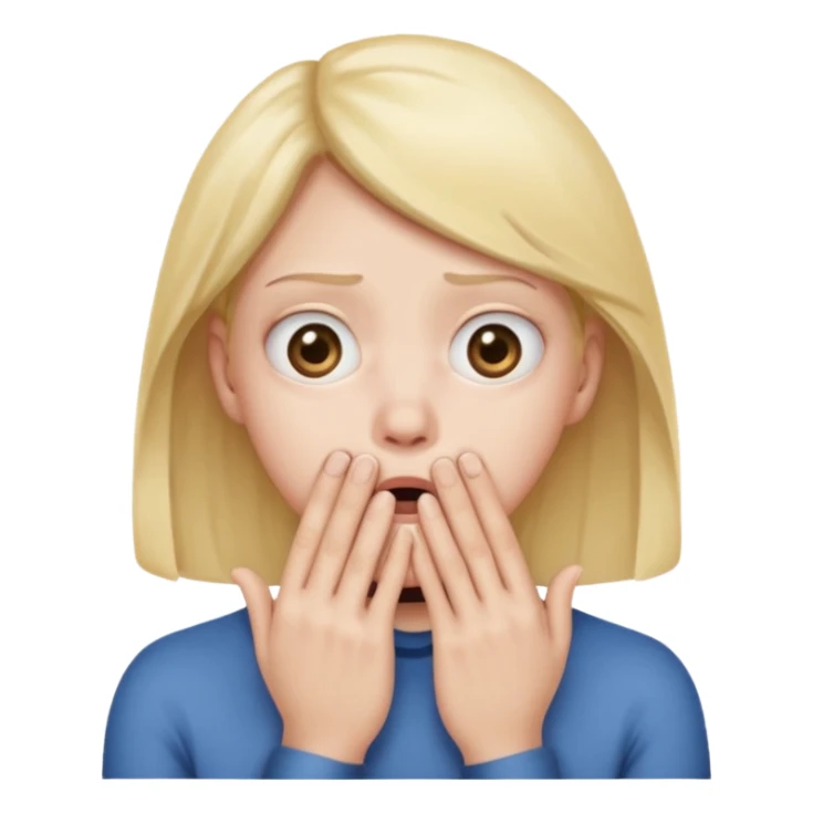 insecure face emoji, hands covering mouth, wide eyes, nervous expression sticker