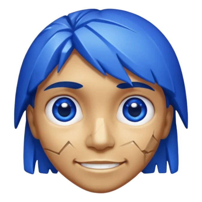 A single sapphire-blue faceted rock head, chunky and worn, with very visible cracks and chipped facets but still shiny, big kind eyes and a confident smile sticker