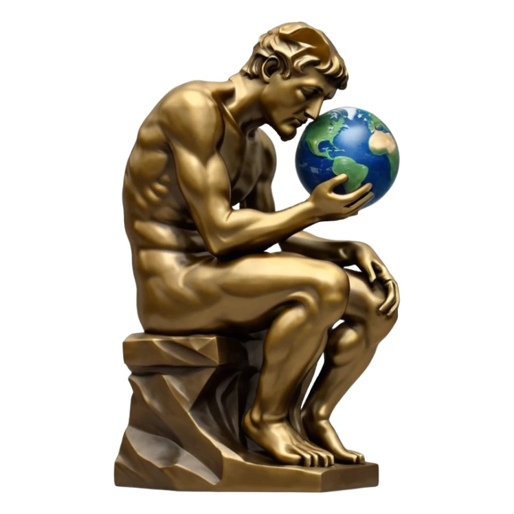 rodins sculpture the thinker but with a planet earth in its hand sticker