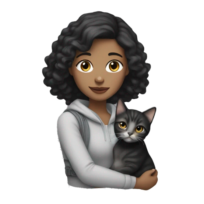 white girl with dark black hair holding a grey tabby cat sticker