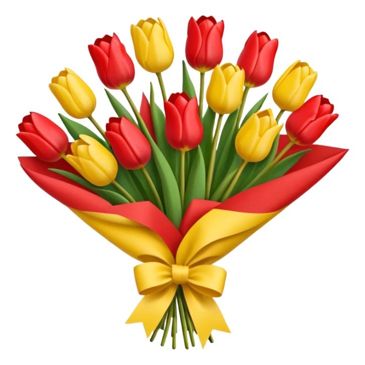 bouquet of tulip with red bow and yellow wrapping paper sticker