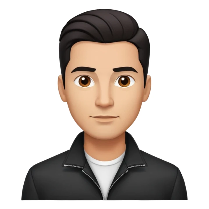 Attractive Hispanic TV host in his early 40s with light brown skin, short straight black hair slicked back with fade on sides, square handsome face with strong jawline, friendly approachable expression, wearing black jacket with white buttoned shirt underneath sticker